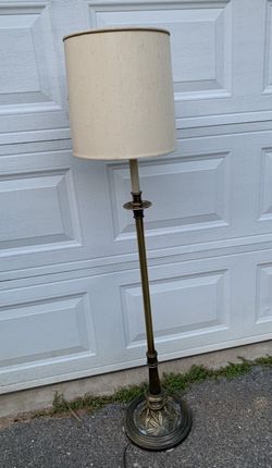 Vintage Brass Floor Lamp w/ Ornate Embossed Leaf Base & Drum Shade – 54.5” Tall