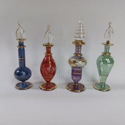 Egyptian Hand-blown Glass Perfume Bottles, 14 k Gold Trim, Set of 4