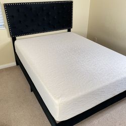 Full size velvet upholstered platform bed with memory foam mattress