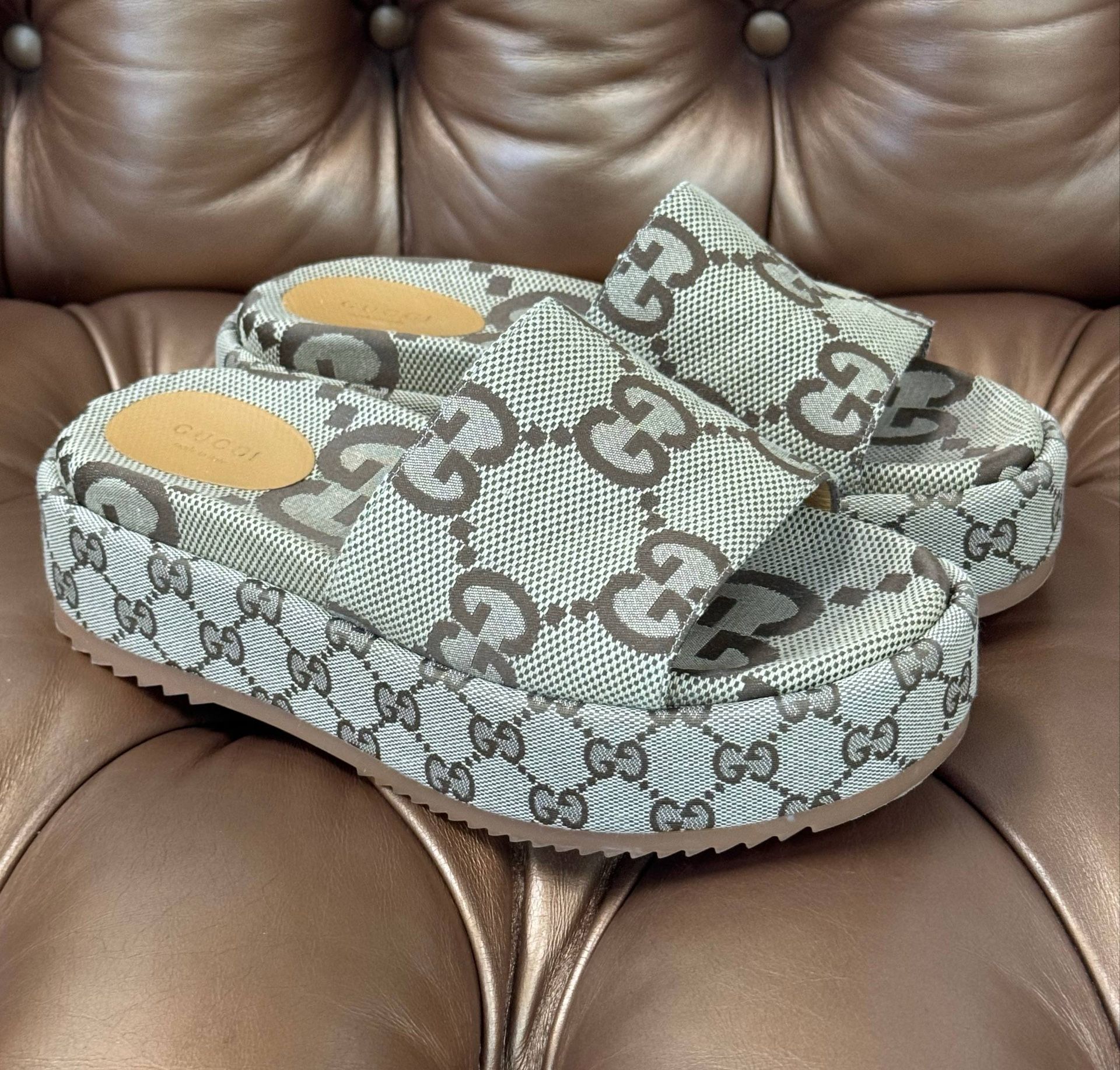 Gucci Angelina Maxi GG Slide Sandals Beige Size 38.5