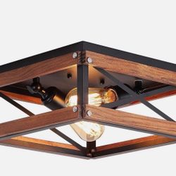 2 Lights Rustic Farmhouse Flush Mount Light Fixture Metal and Wood Black