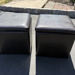 Pair of Black Faux Leather Square Storage Ottomans 11.5” square