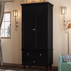 😀Wardrobe Closet Armoire with 2 Doors, 3 Drawers, 4-Tier Storage Shelves & Hanging Rod, Wooden Clothes Storage Cabinet for Bedroom, Black 