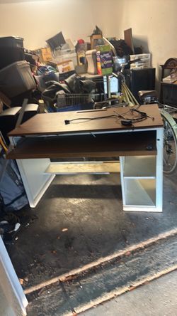 Wood Top Desk with White Metal Frame led lights remote