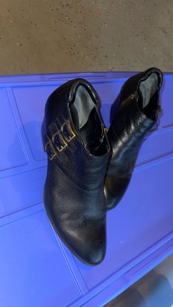 Black leather buckle ankle booties