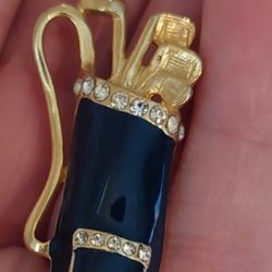 Vintage Goldtone Blue Enamel Golf Bag & Clubs Brooch (Like New)