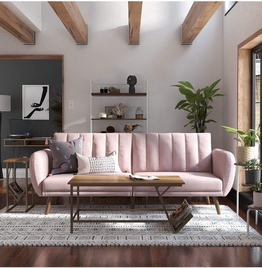 Multipurpose Upholstered Futon Sofa Living Room Coach, Pink