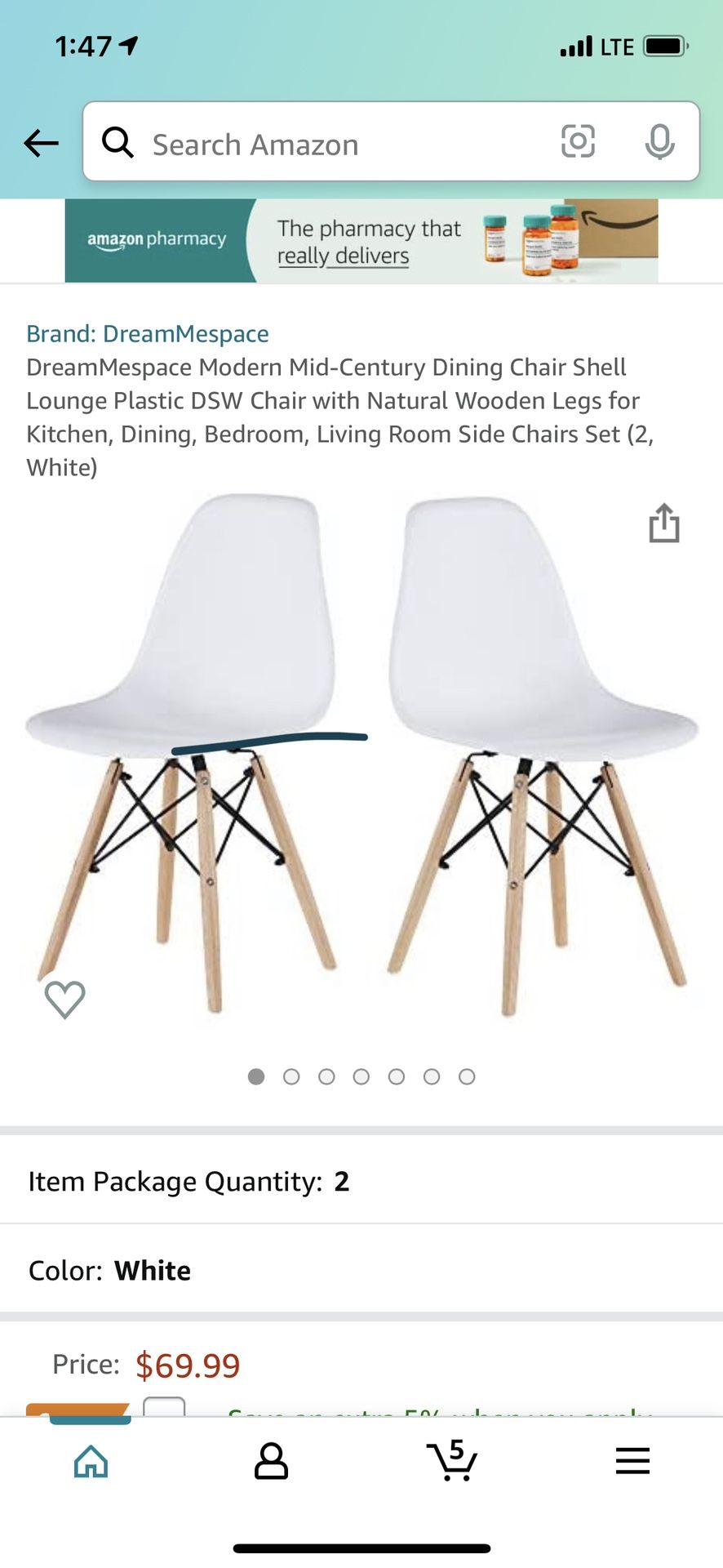 Set Of 5 White And Wood Industrial Chairs 