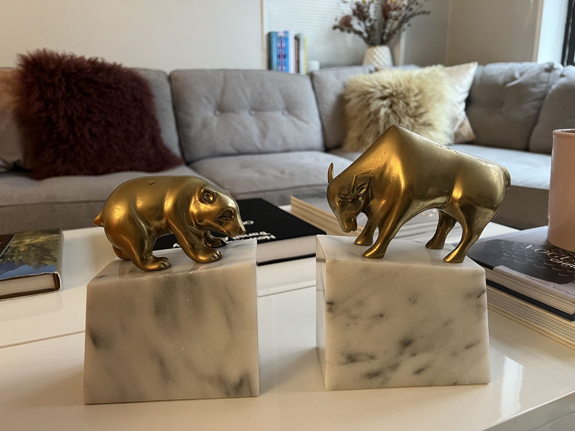 RARE Vintage Gatco Bull and Bear Bookends on White Marble Block