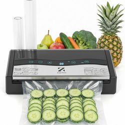 90kPa Vacuum Sealer Machine, Automatic Food Sealer with Double Heat Seal Option, Dry & Moist Modes, Built-in Cutter and Bag Storage, Starter Kit with 