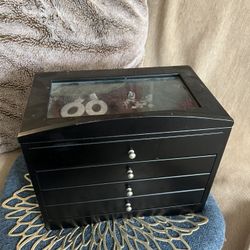 Jewelry Box- One Glass Covered Tray & 3 Drawer Tray- Charcoal Felt Lined- Nice!. Condition is Pre-owned.