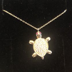 14K Yellow Gold Turtle Ruby Eyes W/16” Chain Necklace- New