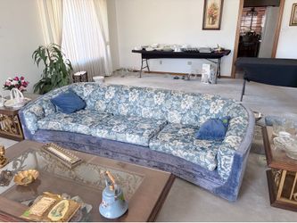 Vintage Curved Sofa / Conversation Couch – Blue Floral Velvet
