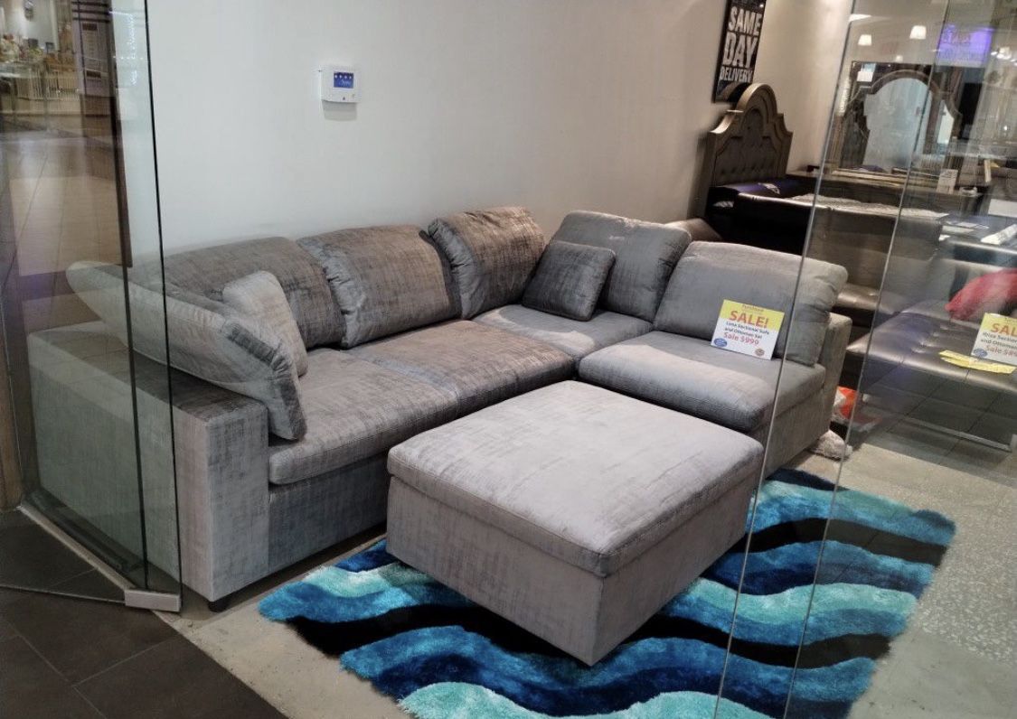Summer clearance sale. Lima gray sectional sofa with ottoman now $999. Easy finance option. Same day delivery.