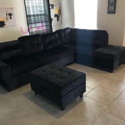 In Stock! Heights Black Velvet Reversible Sectional with Storage Ottoman / couch 
