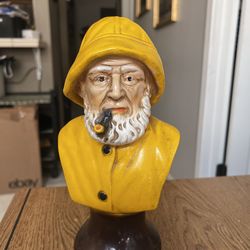 Vintage Old Salt Sea Captain Bust on Pedestal Figure- Yellow Rain Jacket w Pipe