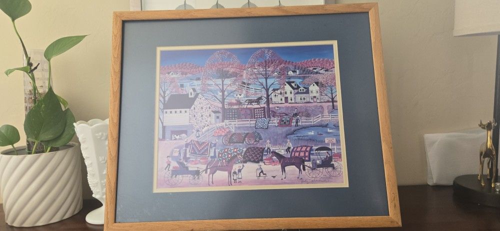 Vintage 1988 Judy Wickersham Schauermann Signed Print β Amish Quilt Sale β 21x17 Framed