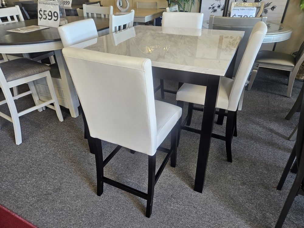 Brand New White Counter High Dining Table (42"×42"×36") + 4 Faux Leather Chairs