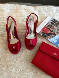 Red Satin Peep-Toe Heels with Matching Clutch