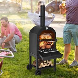 NEW Costway Iron Freestanding Wood-Fired Pizza Oven in Black