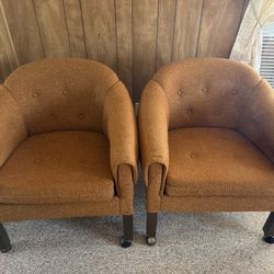 Vintage Mid-Century Barrel Club Chairs on Casters – Set of 2 – Retro Brown Tweed