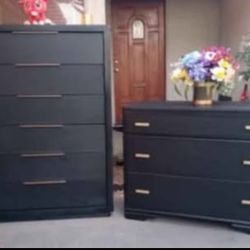 6 Drawer Upright Dresser With 3 Drawer Dresser - All Solid Wood - Black With Gold 