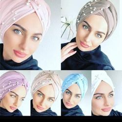 Wrap Ladies Hair Turban Hijab Bandanna Head Pearls Hat Muslim