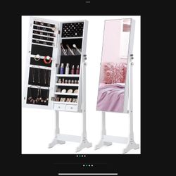 Nicetree Jewelry Cabinet with Full-Length Mirror, Standing Lockable Jewelry Armoire Mirror Organizer, 3 Angel Adjustable, White