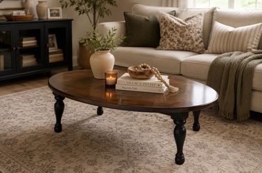 Refinished Oval Coffee Table – Solid Wood Top & Matte Black Turned Legs