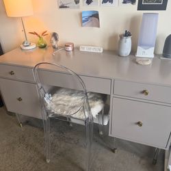 Gray Desk With Lucite Feet & Brass Hardware
