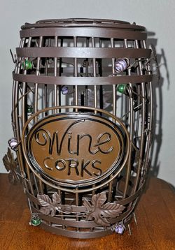 Vintage Metal Wine Cork Holder Barrel Cage Hinge Lid Grape Leaf Vine Beads