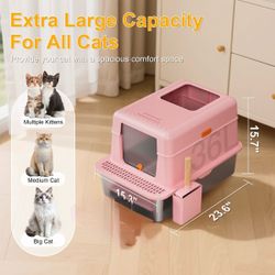 Topyangs Flip-Top Design Enclosed High Sides Stainless Steel Cat Litter Box with Lid, Pink, X-Large: 20-L