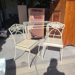 Vintage Wrought Iron Glass Top Yable & 2 Chairs