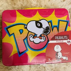 Peanuts Snoopy 24 Piece Puzzle In Collectible Metal Tin Lunch Box w/ Handle NEW.