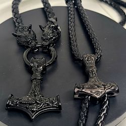LEATHER VIKING HAMMER  NECKLACE & BRACELET SET