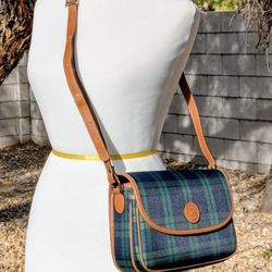 Green Tartan w/Leather Trim Multi-Pocket Adjustable Shoulder Saddle Bag EUC