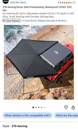 270 Awning Driver Side Freestanding, Waterproof UV50+ SUV Van Car Awning 65 Sq Ft, Adjustable Height 4 Ft to 7 Ft, Built-in LED Strip, Truck Awning wi