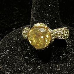 Yellow Green Stone With Cz Paved Into Gold & Silver Ring 