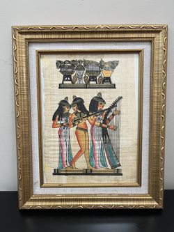 Egyptian Theme Decor Set – Framed Papyrus Art + Gold Scarab Paperweight + Decorative Charger Plate