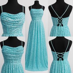 Light Blue Sparkly Sequin Corset Evening Gown with Lace-Up Back | Formal Prom Dress-Size XS