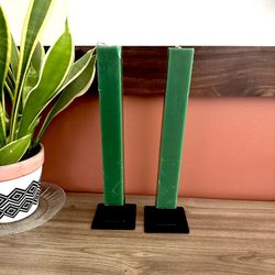 Pair of 2 Green Square Taper Candles Vintage Black Candle Holders 70’s Retro 12”