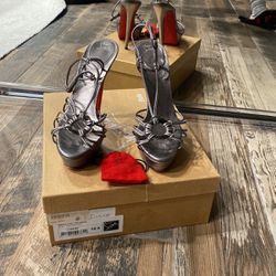 Christian Louboutine Strappy Silver Heels Stilettos Size 38.5