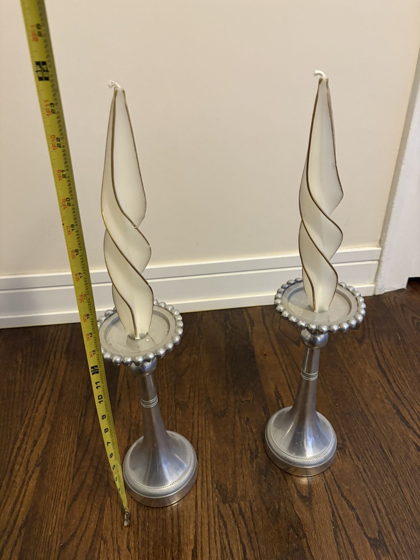 Pair of Tall Metal Candle Holders + Decorative Twist Candles