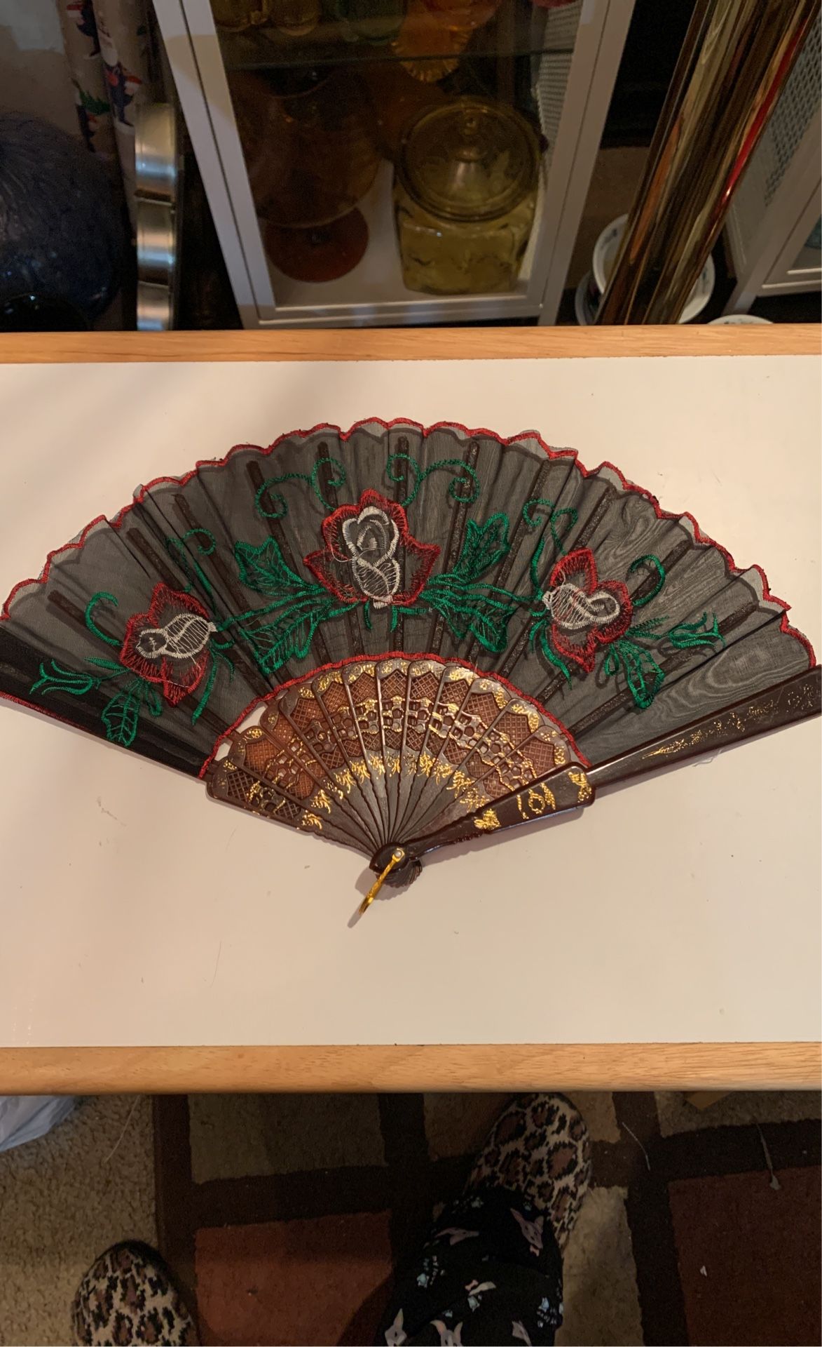 Vintage Silk Embroidered Flower Fan