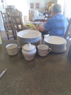 12 Soup Dishes 10 Desert Plates  2 Cups  1 Sugar Bowl White Ruffled In Gold Kahla Brandam