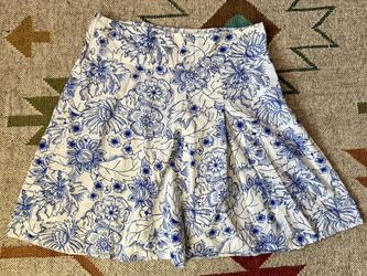 Clockhouse Vintage A-Line Skirt Womens L Blue White Floral Pottery Print Pleated sz 6 (UK10)