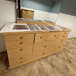 Vintage Blonde Oak Bedroom Set Bed Highboy Lowboy Dresser with Mirror 