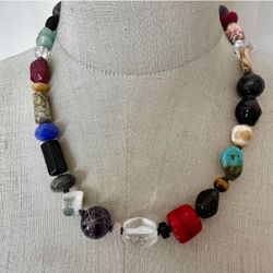 Natural stones  Amethyst, coral,  clear and smoky quartz, aventurine, carnelian, turquoise Necklace Sterling Silver 
