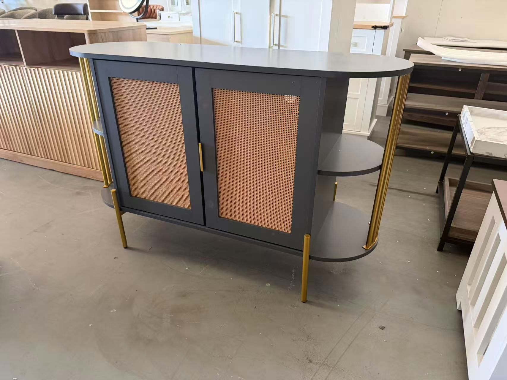 New Cabinet Rattan Sideboard Storage Buffet Solid Wood Console Cabinet with Metal Legs and Frame