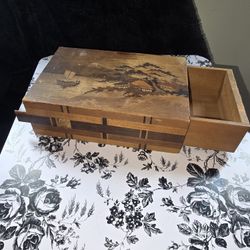 Vintage Puzzle Box Wooden Inlay Japanese Mt Fuji Scene